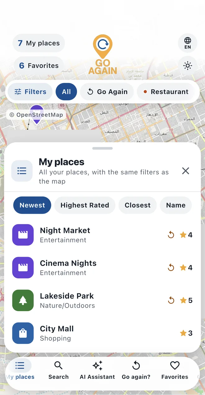 My places: the list of saved places with sorting buttons