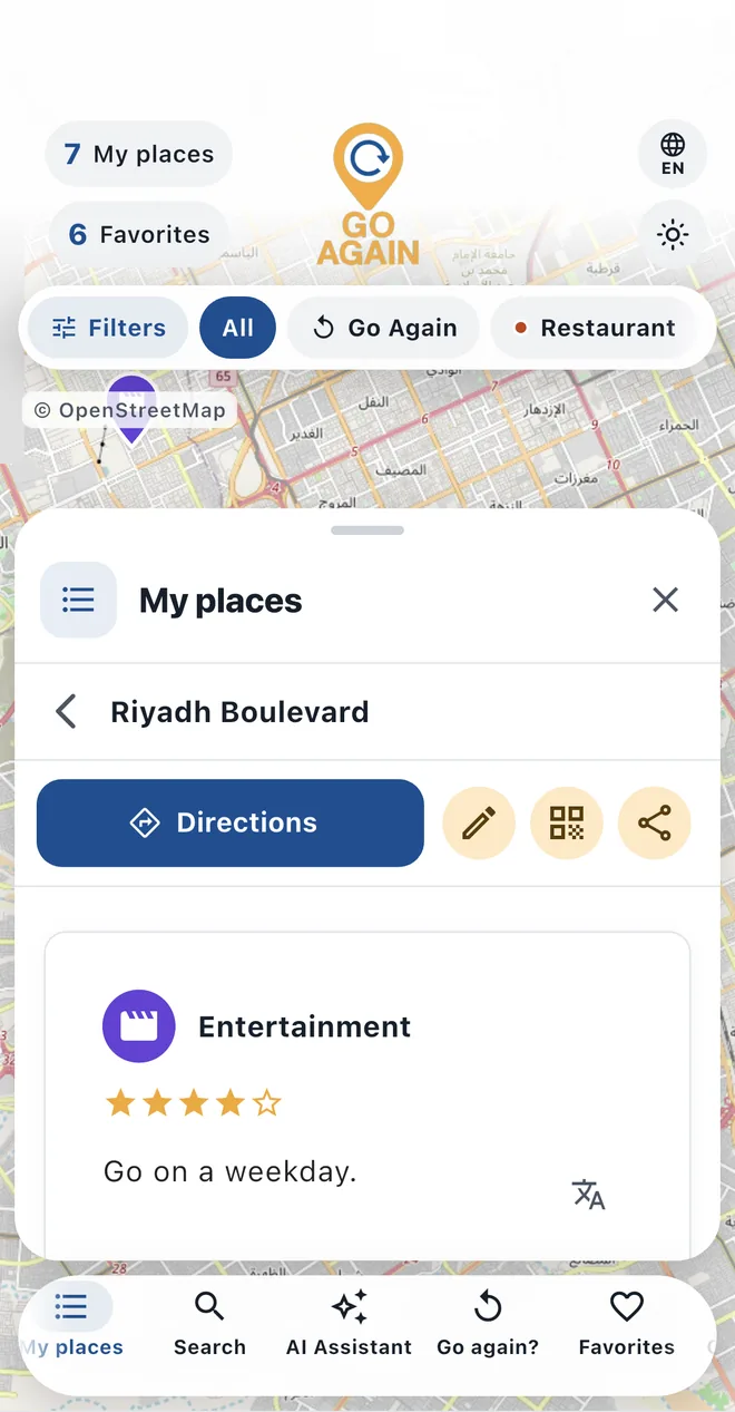 A place's page with its rating, notes, tags and visits