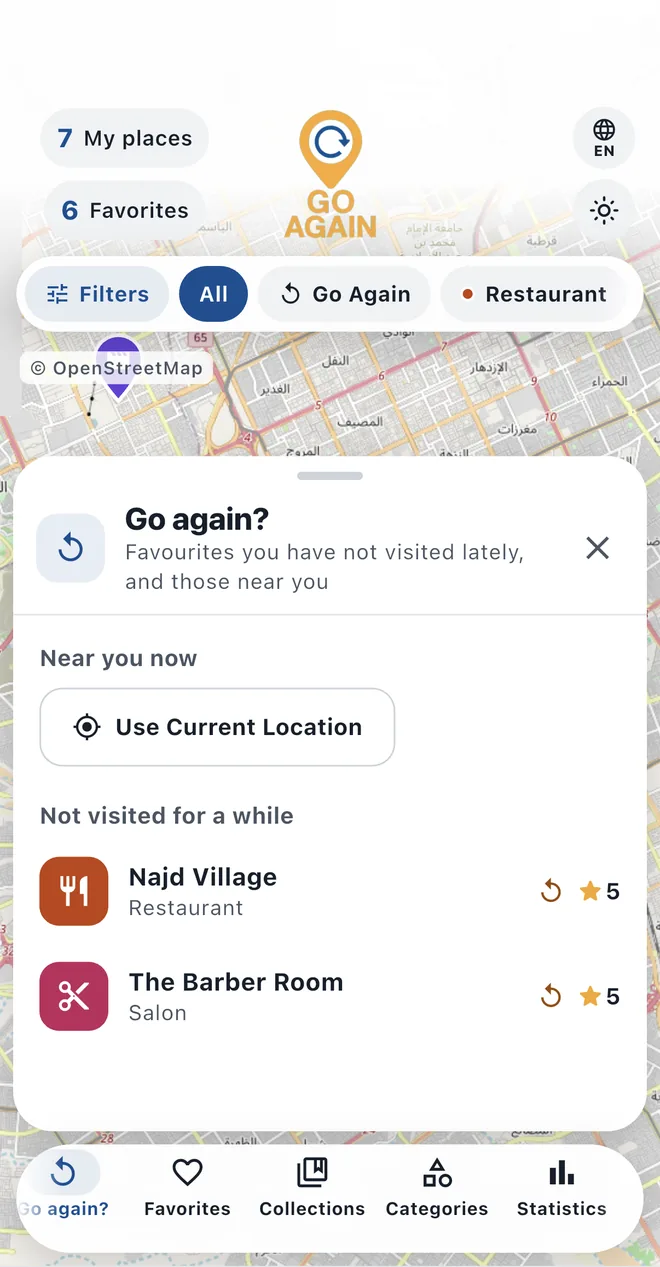 Go again? with places near you and favourites not visited lately