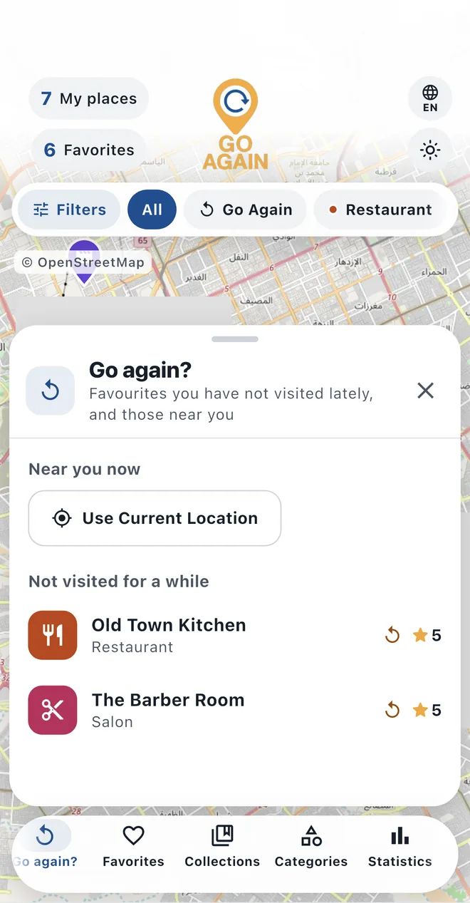 Go again? with places near you and favourites not visited lately
